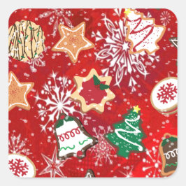 Adesivo Quadrado Biscoitos de Natal e Flocos de Neve em Vermelho