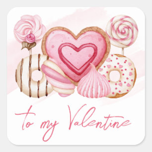 Adesivo Quadrado Biscoitos e Doces de São Valentim Rosa Aquarela