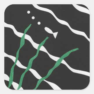 Adesivo Quadrado Black and White Fish with bubbles and seaweed