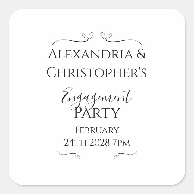 Adesivo Quadrado Black and White Script Minimal Engagement Party (Frente)