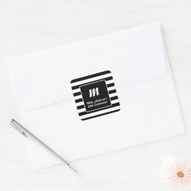 Adesivo Quadrado Black and White Stripe Monogram (Envelope)