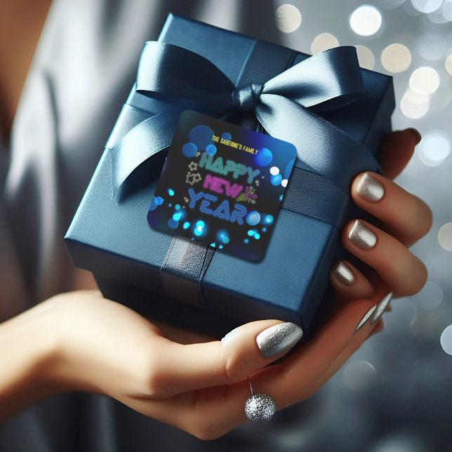 Adesivo Quadrado Black & Blue Midnight Sparkle Neon Glow New Year  (Criador carregado)