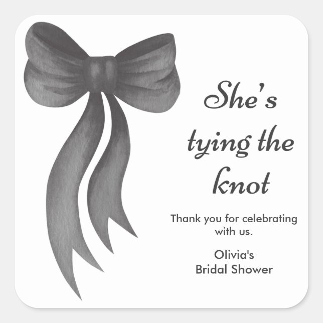 Adesivo Quadrado Black Bow She's Tying the Knot Bridal Shower  (Frente)