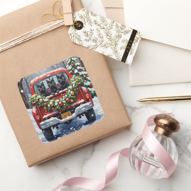 Adesivo Quadrado Black Cat Christmas Red Truck Holiday (Presentear)