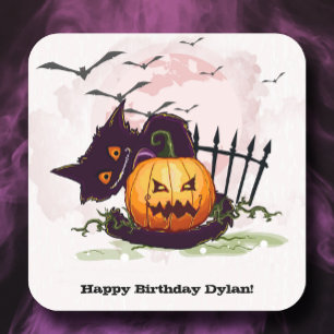 Adesivo Quadrado Black Cat e Jack o' Lanterna Halloween