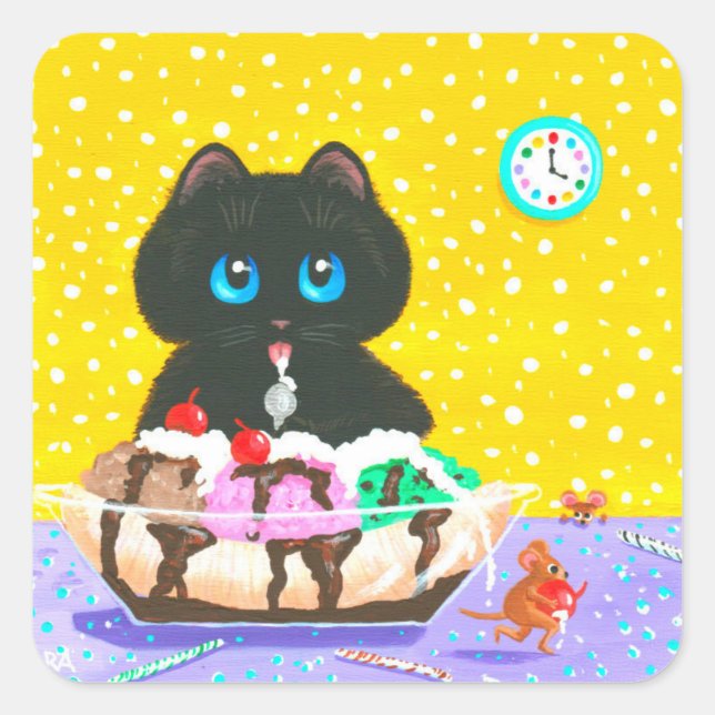 Adesivo Quadrado Black Cat Ice Cream Creationarts Square Sticker (Frente)