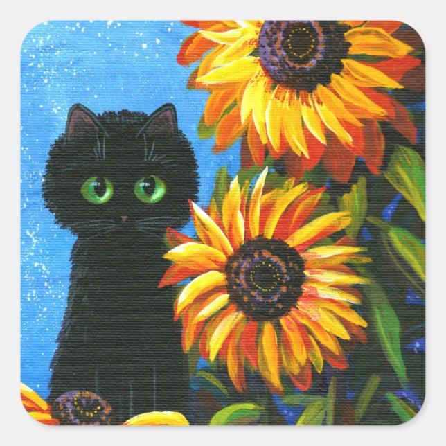 Adesivo Quadrado Black Cat Sunflower Creationararts Square Sticker (Frente)
