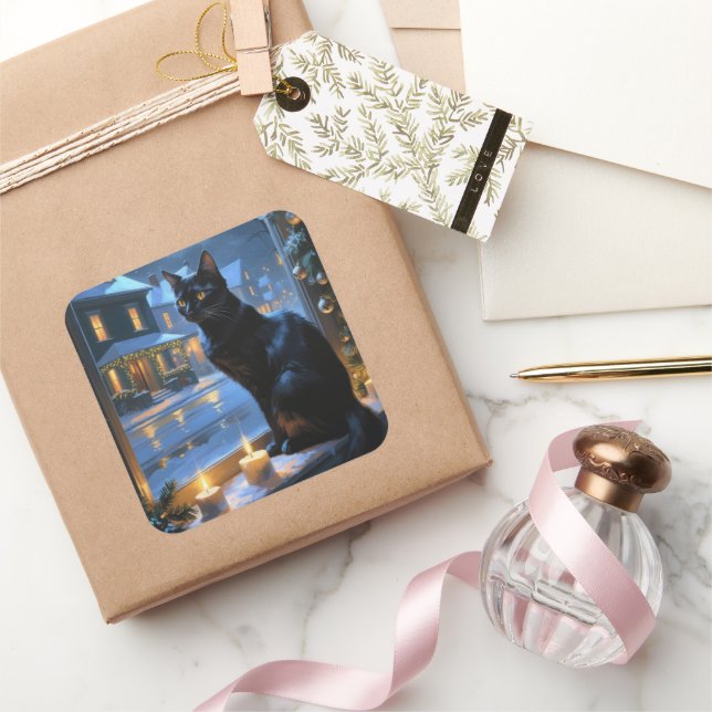 Adesivo Quadrado Black Cat With Christmas Lights Holiday (Presentear)