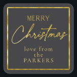 Adesivo Quadrado Black Dourado Merry Christmas ID1009<br><div class="desc">Se você está se perguntando que combinações de cores escolher para sua decoração de Natal e presentes este ano, eu criei coleções de padrões coordenadores para tornar a vida um pouco mais fácil. Este adesivo 'Feliz Natal' apresenta um fundo preto mate e texto dourado com uma modelo para adicionar seu...</div>