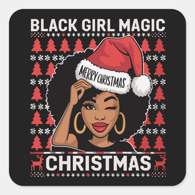 Adesivo Quadrado Black Girl Magic Feliz Natal Afro-Americano (Frente)