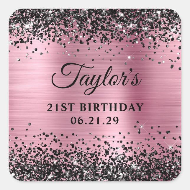 Adesivo Quadrado Black Glitter Pink Foil 21st Birthday (Frente)