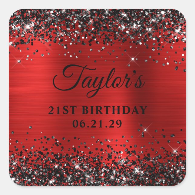Adesivo Quadrado Black Glitter Red Foil 21st Birthday (Frente)