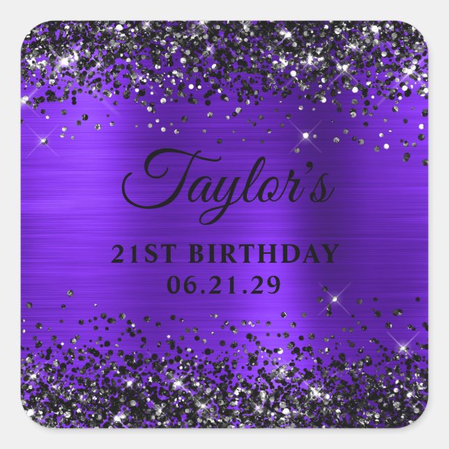 Adesivo Quadrado Black Glitter Violet Foil 21st Birthday (Frente)