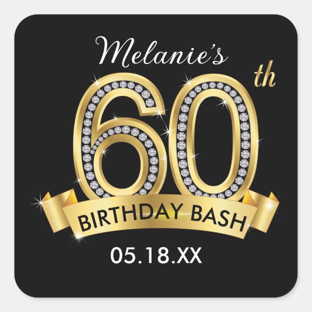 Adesivo Quadrado Black & Gold 60th Birthday Stickers (Frente)