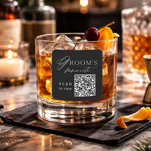 Adesivo Quadrado Black Groom’s Favorite QR Code Wedding Drink (Criador carregado)