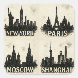Adesivo Quadrado Black Ink City Skylines - Nova Iorque, Paris, Mosc