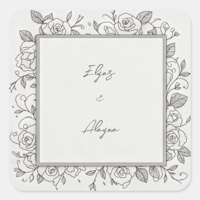 Adesivo Quadrado Black Line Minimalist Rose Frame Wedding (Frente)