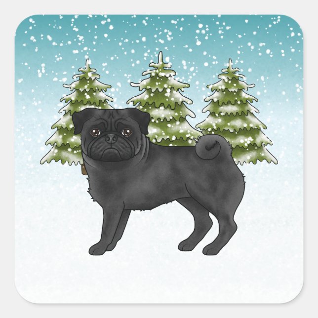 Adesivo Quadrado Black Pug Cute Cartoon Dog Snowy Winter Forest (Frente)