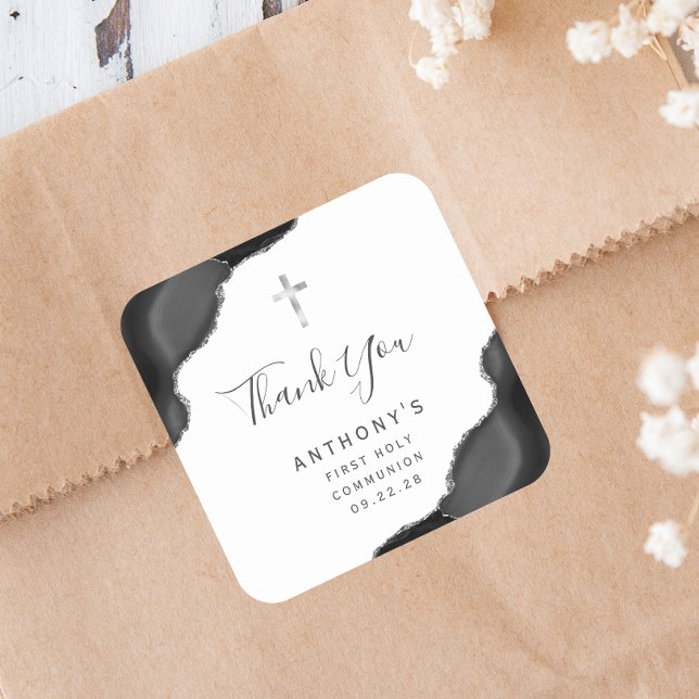 Adesivo Quadrado Black Silver Agate Primeira Comunhão Sagrada Obrig (Criador carregado)