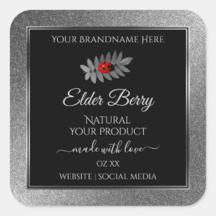 Adesivo Quadrado Black Silver Glitter Product Labels Red Ladybug