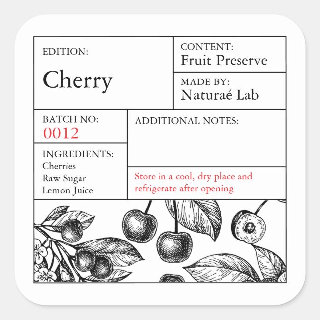 Adesivo Quadrado Black & White Apothecary Cherry label (Frente)