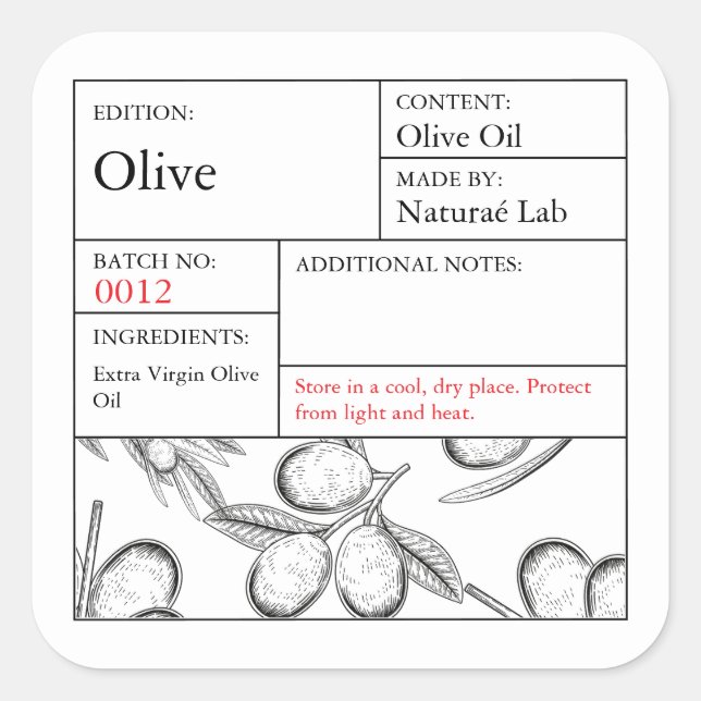 Adesivo Quadrado Black & White Apothecary Olive label (Frente)