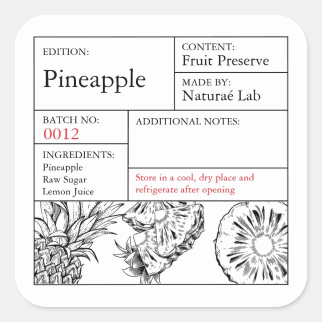 Adesivo Quadrado Black & White Apothecary Pineapple label (Frente)