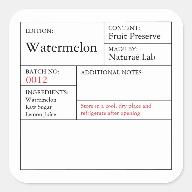 Adesivo Quadrado Black & White Apothecary Watermelon label (Frente)