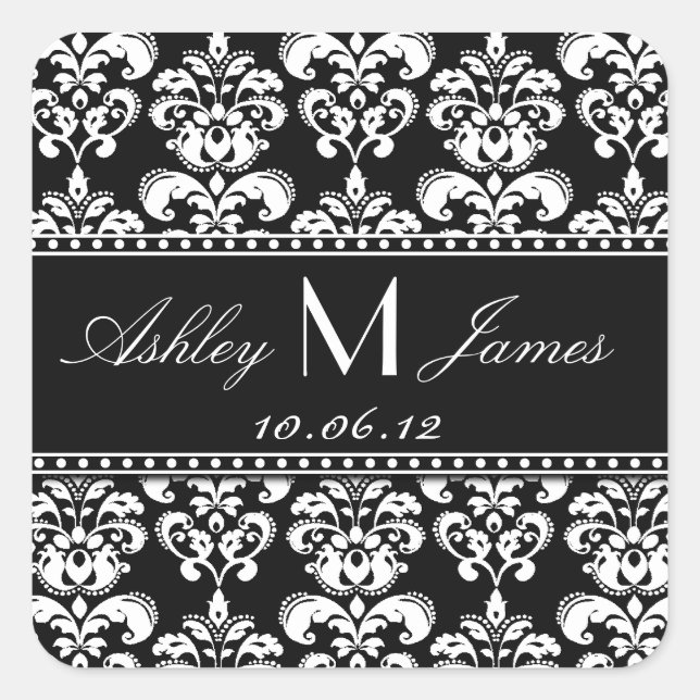 Adesivo Quadrado Black White Damask Save the Date Sticker (Frente)