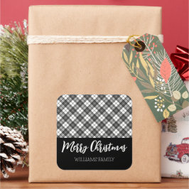 Adesivo Quadrado Black White Tartan Merry Christmas Nome personaliz