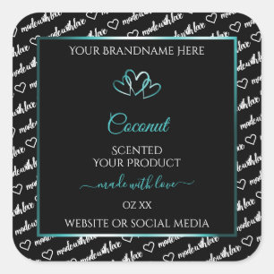 Adesivo Quadrado Black White Word Cloud Product Labels Teal Hearts