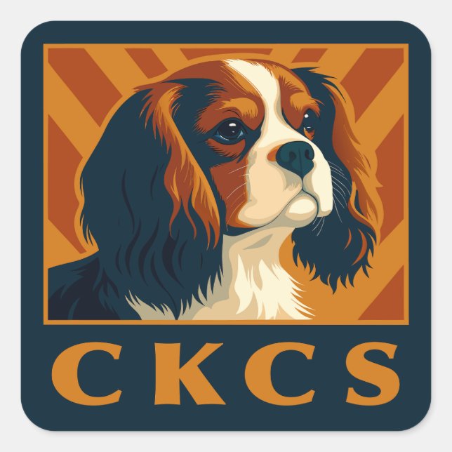 Adesivo Quadrado Blenheim Cavalier King Charles Spaniel CKCS Retro (Frente)