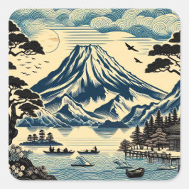Adesivo Quadrado Bloco de Madeira Japonês Monte Fuji Lago Barcos Pi