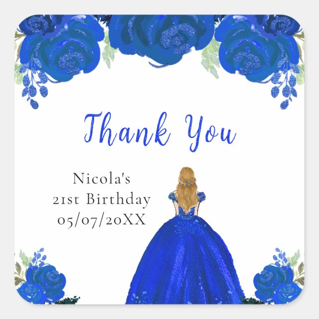 Adesivo Quadrado Blonde Hair Princess Blue Floral Birthday Party (Frente)