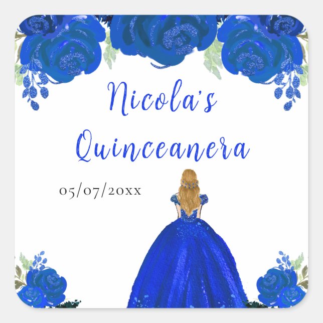 Adesivo Quadrado Blonde Hair Princess Blue Floral Quinceanera (Frente)