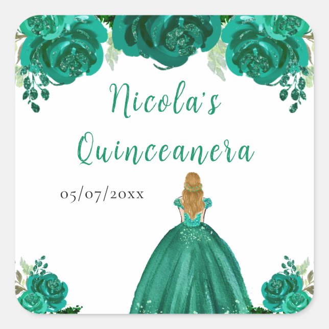 Adesivo Quadrado Blonde Hair Princess Green Floral Quinceanera (Frente)