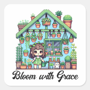 Adesivo Quadrado Bloom com Grace Rapariga Kawaii com Plantas