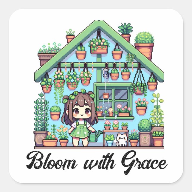 Adesivo Quadrado Bloom com Grace | Rapariga Kawaii com Plantas (Frente)