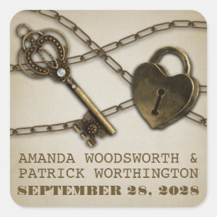 Adesivo Quadrado Bloqueio de Coração e Elemento de Chave de Casamen