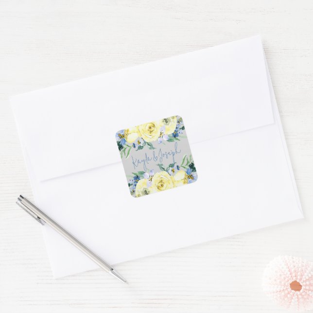 Adesivo Quadrado Blossoming Love Blue Yellow Floral Weding (Envelope)