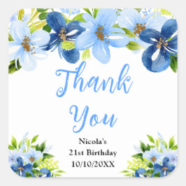 Adesivo Quadrado Blue and Navy Flowers Birthday Thank You