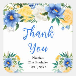 Adesivo Quadrado Blue and Yellow Floral Birthday Thank You