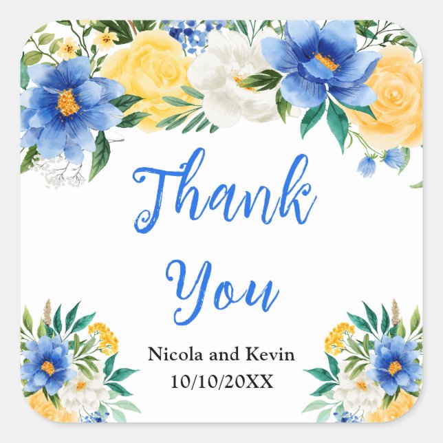 Adesivo Quadrado Blue and Yellow Floral Wedding Thank You (Frente)