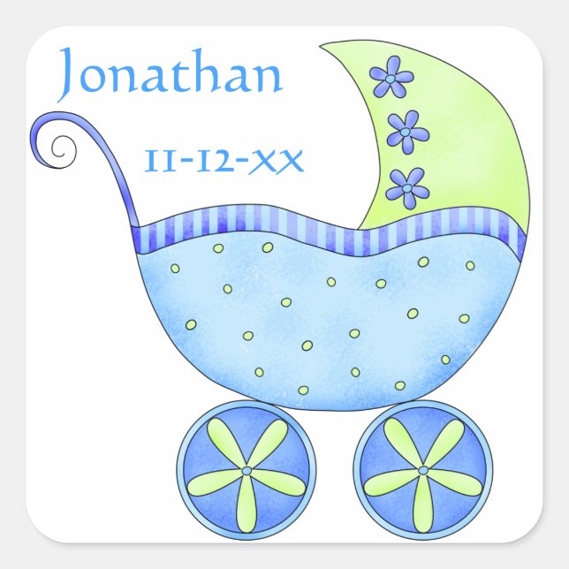 Adesivo Quadrado Blue Baby Buggy Boy Name Birth Data Anúncio (Frente)