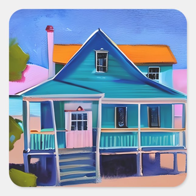 Adesivo Quadrado Blue Beach House Vacation Quirky Art (Frente)