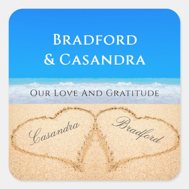 Adesivo Quadrado Blue Beach Wedding 2 Hearts in the Sand Stickers (Frente)