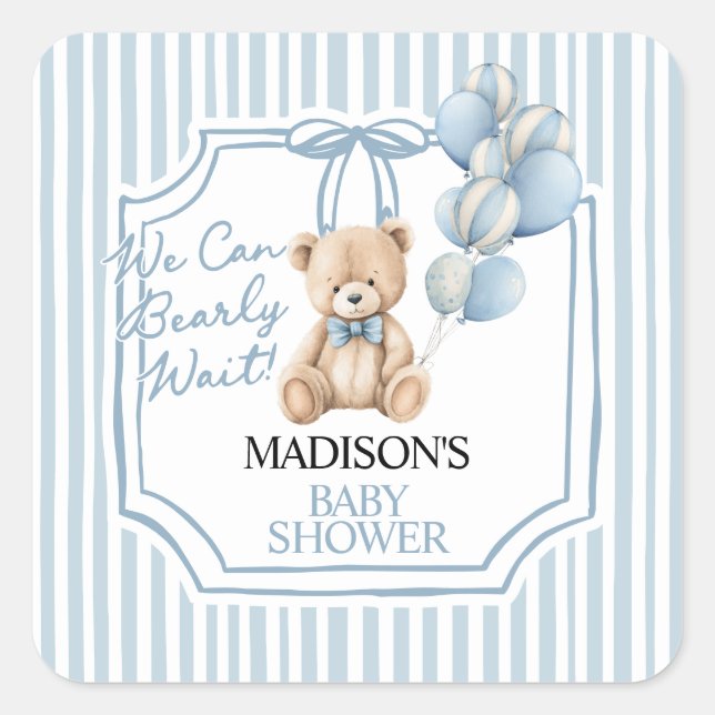 Adesivo Quadrado Blue Bear Baby Shower  (Frente)