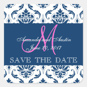 Adesivo Quadrado Blue Damask Initial Save the Date Sticker