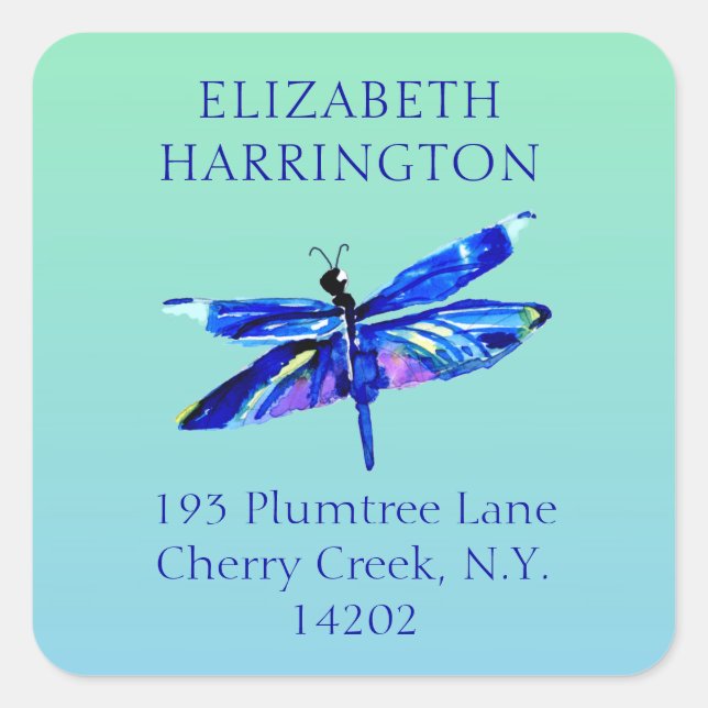 Adesivo Quadrado Blue Dragonfly Watercolor Nature Endereço para dev (Frente)
