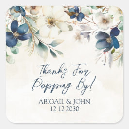 Adesivo Quadrado Blue Floral Thanks for Popping By Wedding Tag